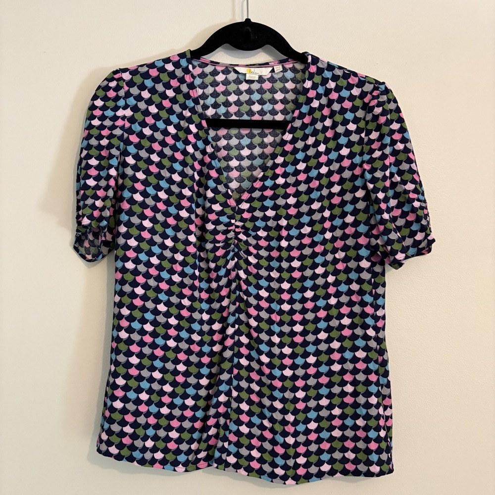 Boden Scallop Pattern Short Sleeve Blouse US 6 Ruched Front Preppy Twee‎ Mermaid